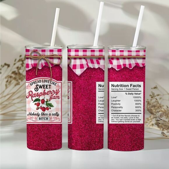 Spread Love Like Sweet Raspberry Jam Pink Glam Glitter Jar 20oz Skinny Tumbler - Picture 1 of 10
